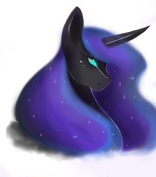 Size: 648x734 | Tagged: safe, artist:penrosa, nightmare moon, alicorn, pony, g4, bust, curved horn, ethereal mane, female, frown, horn, lidded eyes, looking at you, mare, missing accessory, serious, simple background, solo, starry mane, white background