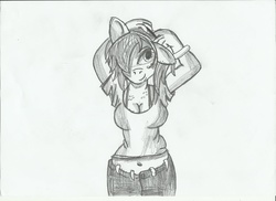 Size: 2338x1700 | Tagged: safe, artist:platydj, applejack, anthro, g4, belly button, cleavage, clothes, female, grayscale, midriff, monochrome, pants, short shirt, solo, t-shirt, traditional art
