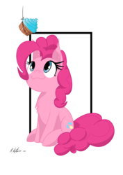 Size: 1061x1500 | Tagged: safe, artist:bigshot232, pinkie pie, g4, :3, bait, chest fluff, cupcake, cute, diapinkes, female, food, reaction image, simple background, sitting, solo, string, this is bait, white background