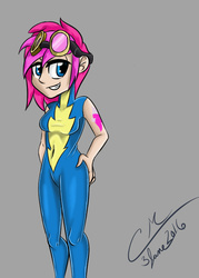 Size: 515x720 | Tagged: safe, artist:cmpony, oc, oc only, oc:neon flare, human, clothes, goggles, humanized, humanized oc, skinny, skintight clothes, solo, thin, wonderbolts uniform