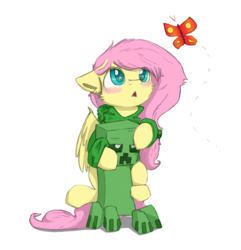 Size: 1280x1327 | Tagged: safe, artist:longren, artist:suplolnope, color edit, edit, fluttershy, butterfly, g4, blush sticker, blushing, clothes, colored, creeper, creepershy, cute, hoodie, minecraft, simple background