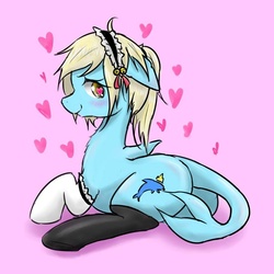 Size: 960x960 | Tagged: safe, artist:kanaowo, oc, oc only, oc:mermaid splash, bedroom eyes, blushing, butt, chest fluff, clothes, heart, heart eyes, looking at you, maid headdress, plot, socks, solo, thigh highs, tons of hearts, wingding eyes