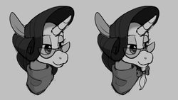 Size: 1283x722 | Tagged: safe, artist:enma-darei, rarity, classical unicorn, pony, unicorn, g4, beard, bow, bust, facial hair, female, glasses, gray background, grayscale, hair bow, horn, lidded eyes, mare, monochrome, portrait, rarity month, simple background, solo