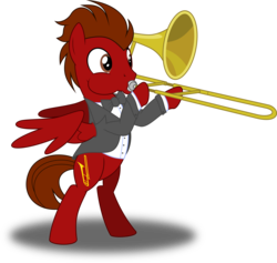 Size: 3164x3000 | Tagged: safe, artist:ruinedomega, oc, oc only, oc:slide fortissimo, pegasus, pony, 2017 community collab, derpibooru community collaboration, clothes, high res, jazz, musical instrument, musician, puffy cheeks, simple background, solo, spread wings, standing, transparent background, trombone, tuxedo