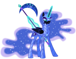 Size: 5270x4127 | Tagged: safe, artist:osipush, nightmare moon, g4, absurd resolution, alternate universe, armor, body armor, concave belly, ethereal mane, ethereal tail, eyeshadow, female, folded wings, frown, helmet, heroes of might and magic, horn, inkscape, leg armor, lidded eyes, long horn, long legs, long mane, long tail, magic, makeup, neck armor, ponies of flight and magic, scythe, simple background, slender, solo, starry mane, starry tail, tail, tall, telekinesis, thin, transparent background, vector, wings