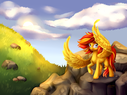 Size: 6000x4500 | Tagged: safe, artist:pellsya, oc, oc only, pegasus, pony, absurd resolution, cloud, hill, raised hoof, rock, sky, solo, spread wings, sun