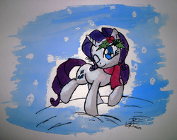 Size: 2688x2130 | Tagged: safe, artist:leadhooves, rarity, pony, unicorn, g4, clothes, cute, female, holly, horn, looking at you, mare, one eye closed, raised hoof, scarf, signature, snow, snowfall, solo, standing on two hooves, traditional art, wink, winter