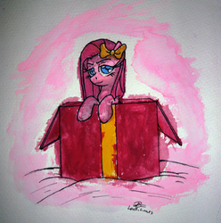 Size: 2190x2208 | Tagged: safe, artist:leadhooves, pinkie pie, earth pony, pony, g4, box, female, mare, pinkamena diane pie, present, solo, traditional art, watercolor painting