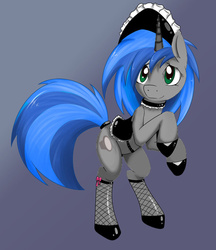 Size: 831x962 | Tagged: source needed, safe, artist:grumblepluck, edit, oc, oc only, oc:homage, pony, unicorn, fallout equestria, clothes, fanfic, fanfic art, female, fishnet stockings, hooves, horn, maid, mare, recolor, saddle, socks, solo, thigh highs