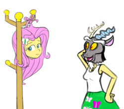 Size: 515x453 | Tagged: safe, artist:notamotobug, edit, discord, fluttershy, draconequus, human, equestria girls, g4, breasts, clothes, coat rack, detachable head, disembodied head, female, hanging, head swap, magic, modular, rule 63, simple background, sketch, skirt, square crossover, tank top, tied up, wat, white background