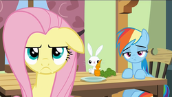 Size: 1920x1080 | Tagged: safe, screencap, angel bunny, fluttershy, rainbow dash, pony, flutter brutter, g4, >:c, annoyed, carrot, chair, floppy ears, fluttershy is not amused, food, frown, plate, table, unamused