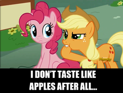 Size: 1276x972 | Tagged: safe, screencap, applejack, pinkie pie, pony, flutter brutter, g4, caption, discovery family logo, hoof in mouth, hoofjack, silly, silly pony, text, who's a silly pony