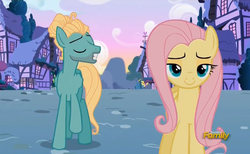 Size: 707x436 | Tagged: safe, screencap, fluttershy, zephyr breeze, pegasus, pony, flutter brutter, g4, discovery family logo, duo, female, male, mare, stallion, sunrise