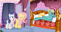 Size: 2421x1265 | Tagged: safe, screencap, fluttershy, rarity, zephyr breeze, pegasus, pony, unicorn, flutter brutter, g4, beard, bed, book, derp, discovery family logo, facial hair, faic, female, male, man bun, mare, pillow, reading, shocked, stallion, stubble, sultry pose