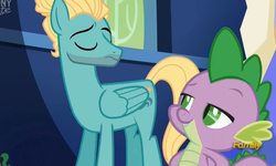 Size: 2281x1365 | Tagged: safe, screencap, spike, zephyr breeze, dragon, pegasus, pony, flutter brutter, g4, cutie mark, discovery family logo, duo, eyes closed, male, smug, stallion