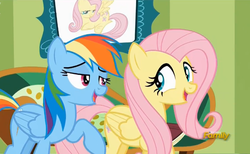 Size: 707x436 | Tagged: safe, screencap, fluttershy, rainbow dash, pony, flutter brutter, g4, discovery family logo