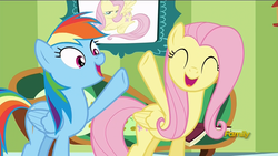 Size: 1920x1080 | Tagged: safe, screencap, fluttershy, rainbow dash, pony, flutter brutter, g4, discovery family logo