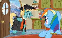 Size: 707x436 | Tagged: safe, screencap, rainbow dash, zephyr breeze, pegasus, pony, flutter brutter, g4, discovery family logo, female, graduation, male, mare, shy family house, stallion