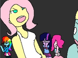 Size: 914x677 | Tagged: safe, artist:everyponys favorite, fluttershy, pinkie pie, rainbow dash, twilight sparkle, zephyr breeze, alicorn, equestria girls, flutter brutter, g4, 1000 hours in ms paint, clothes, compression shorts, equestria girls interpretation, miniskirt, ms paint, scene interpretation, shorts, skirt, twilight sparkle (alicorn)