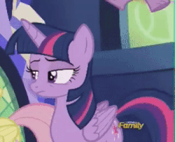 Size: 350x285 | Tagged: safe, screencap, fluttershy, spike, twilight sparkle, alicorn, pony, flutter brutter, g4, animated, cropped, cute, discovery family logo, rope, spike is not amused, twilight sparkle (alicorn), twilight sparkle is not amused, unamused