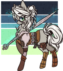 Size: 761x855 | Tagged: safe, artist:tay-niko-yanuciq, pony, unicorn, ciri, clothes, crossover, female, mare, ponified, simple background, solo, sword, the witcher, transparent background, weapon