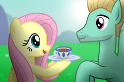 Size: 3048x2029 | Tagged: safe, artist:lil-lovey, fluttershy, zephyr breeze, pegasus, pony, flutter brutter, g4, brother and sister, cup, duo, female, food, high res, male, mare, siblings, stallion, tea, teacup