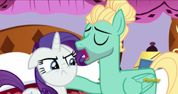 Size: 1278x679 | Tagged: safe, screencap, rarity, zephyr breeze, pegasus, pony, unicorn, flutter brutter, g4, >:c, discovery family logo, female, floppy ears, male, mare, rarity is not amused, stallion, unamused