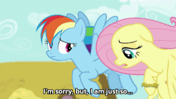 Size: 500x281 | Tagged: safe, screencap, dinky hooves, fluttershy, millie, rainbow dash, pony, flutter brutter, g4, animated, bipedal, discovery family logo, duo, euphemism, family friendly foul mouth, female, flutterpeeved, flying, peeved, subtitles, swearyshy