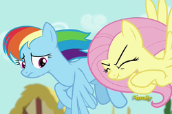 Size: 1623x1075 | Tagged: safe, screencap, fluttershy, rainbow dash, pony, flutter brutter, g4, angry, discovery family logo, duo, flying, peeved, scrunchy face
