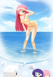 Size: 1240x1820 | Tagged: safe, artist:howxu, fluttershy, photo finish, rarity, human, g4, armpits, bikini, breasts, busty fluttershy, clothes, embarrassed, female, humanized, solo focus, swimsuit, water