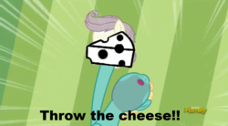 Size: 1636x902 | Tagged: safe, edit, edited screencap, screencap, zephyr breeze, flutter brutter, g4, asdfmovie, asdfmovie4, can i do it on my own, cheese, discovery family logo, food, nose in the air, throw the cheese