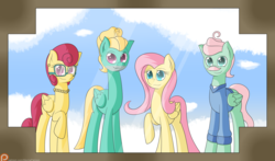 Size: 3400x2000 | Tagged: safe, artist:mechanized515, fluttershy, gentle breeze, posey shy, zephyr breeze, pegasus, pony, flutter brutter, g4, family photo, female, high res, male, mare, patreon, patreon logo, ship:shys, stallion, the shy family