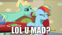 Size: 1920x1080 | Tagged: safe, screencap, rainbow dash, zephyr breeze, pegasus, pony, flutter brutter, g4, caption, discovery family logo, female, male, mare, meme, stallion, u mad