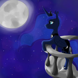 Size: 2000x2000 | Tagged: safe, artist:heniek, princess luna, pony, g4, balcony, bipedal, bipedal leaning, female, high res, moon, night, solo