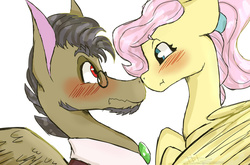 Size: 1024x676 | Tagged: safe, artist:loladotz, discord, fluttershy, g4, alternate hairstyle, blushing, female, glasses, male, ponified, pony discord, ship:discoshy, shipping, straight