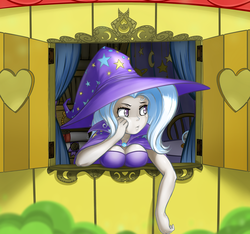 Size: 2520x2361 | Tagged: safe, artist:malifikyse, trixie, human, g4, breasts, busty trixie, cape, clothes, female, hat, heart, high res, humanized, solo, trixie's cape, trixie's hat, trixie's wagon, window