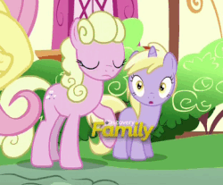 Size: 363x300 | Tagged: safe, screencap, dinky hooves, fluttershy, millie, pony, flutter brutter, g4, animated, butt touch, discovery family logo, female, hoof on butt, peeved, pushing, rump push