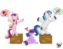 Size: 3301x2551 | Tagged: safe, artist:silentwings159, princess cadance, shining armor, twilight sparkle, alicorn, pony, g4, bipedal, craft, cross-popping veins, description in comments, female, flashlight (object), flashlight with a flashlight, heart, hidden eyes, high res, hooves out, implied flashlight, implied shipping, implied straight, literal soapbox, male, overprotective, overprotective armor, papercraft, princess of love, princess of shipping, shadowed face, shining the anti-shipper, shipper on deck, shipping approved, shipping denied, shipping war, simple background, soapbox, straight, transparent background, twilight sparkle (alicorn)