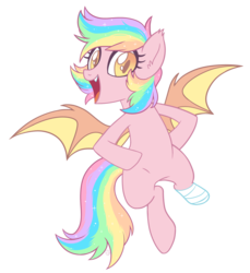 Size: 2200x2400 | Tagged: safe, artist:centchi, artist:hawthornss, oc, oc only, oc:paper stars, bat pony, pony, amputee, collaboration, cute, female, high res, looking at you, rainbow hair, simple background, smiling, solo, sparkles, transparent background