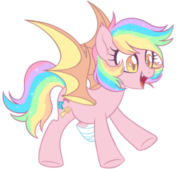 Size: 2300x2200 | Tagged: safe, artist:centchi, artist:hawthornss, oc, oc only, oc:paper stars, bat pony, pony, amputee, collaboration, cute, cute little fangs, fangs, female, high res, pastel, rainbow hair, simple background, solo, transparent background, underhoof