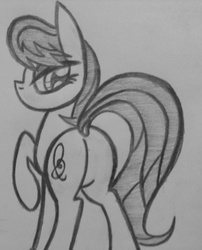 Size: 500x620 | Tagged: safe, artist:poorlydrawnpony, octavia melody, earth pony, pony, g4, bedroom eyes, butt, female, looking at you, mare, monochrome, plot, solo, tail, tail aside, traditional art, treblebutt