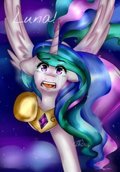 Size: 834x1200 | Tagged: safe, artist:alliedrawsart, princess celestia, g4, crying, female, floppy ears, flying, looking at you, reaching, solo
