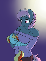 Size: 643x852 | Tagged: safe, artist:victoreach, oc, oc only, oc:honey wound, oc:juicy dream, earth pony, anthro, anthro oc, clothes, duo, gradient background, holding a pony, hug, sleeping