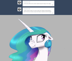 Size: 1224x1050 | Tagged: safe, artist:silfoe, princess celestia, pony, royal sketchbook, g4, :t, ask, blatant lies, cute, cutelestia, female, floppy ears, gray background, mare, missing accessory, nose wrinkle, scrunchy face, simple background, solo, tumblr