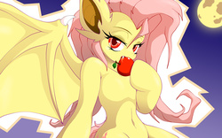 Size: 1000x625 | Tagged: safe, artist:ragurimo, fluttershy, bat pony, semi-anthro, g4, apple, arm hooves, bat ponified, belly button, female, flutterbat, food, moon, race swap, solo, suggestive eating