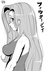 Size: 1049x1600 | Tagged: safe, artist:thethunderpony, fluttershy, human, g4, big breasts, blushing, breasts, busty fluttershy, female, grayscale, humanized, japanese, monochrome, profile, simple background, smiling, solo, white background