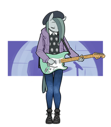 Size: 785x900 | Tagged: safe, artist:siden, marble pie, oc, oc only, oc:cashmere, earth pony, anthro, plantigrade anthro, ultimare universe, g4, alternate universe, beret, clothes, female, guitar, hat, jacket, solo