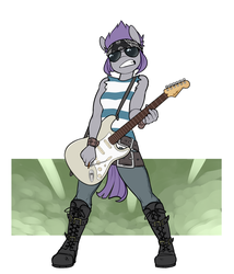 Size: 769x900 | Tagged: safe, artist:siden, maud pie, oc, oc only, oc:izzy rock, earth pony, anthro, plantigrade anthro, ultimare universe, g4, alternate hairstyle, alternate universe, female, guitar, solo