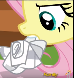 Size: 412x432 | Tagged: safe, screencap, fluttershy, pony, flutter brutter, g4, cropped, discovery family logo, female, mare, mouth hold, solo, tissue