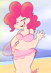 Size: 2737x3953 | Tagged: safe, artist:befishproductions, pinkie pie, human, g4, bikini, blush sticker, blushing, breasts, busty pinkie pie, chubby, clothes, female, high res, humanized, plump, signature, solo, swimsuit